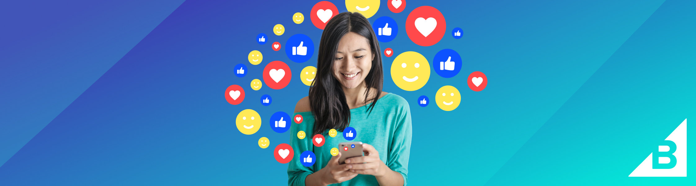 Smiling woman using a smartphone surrounded by colorful social media icons on a blue gradient background.