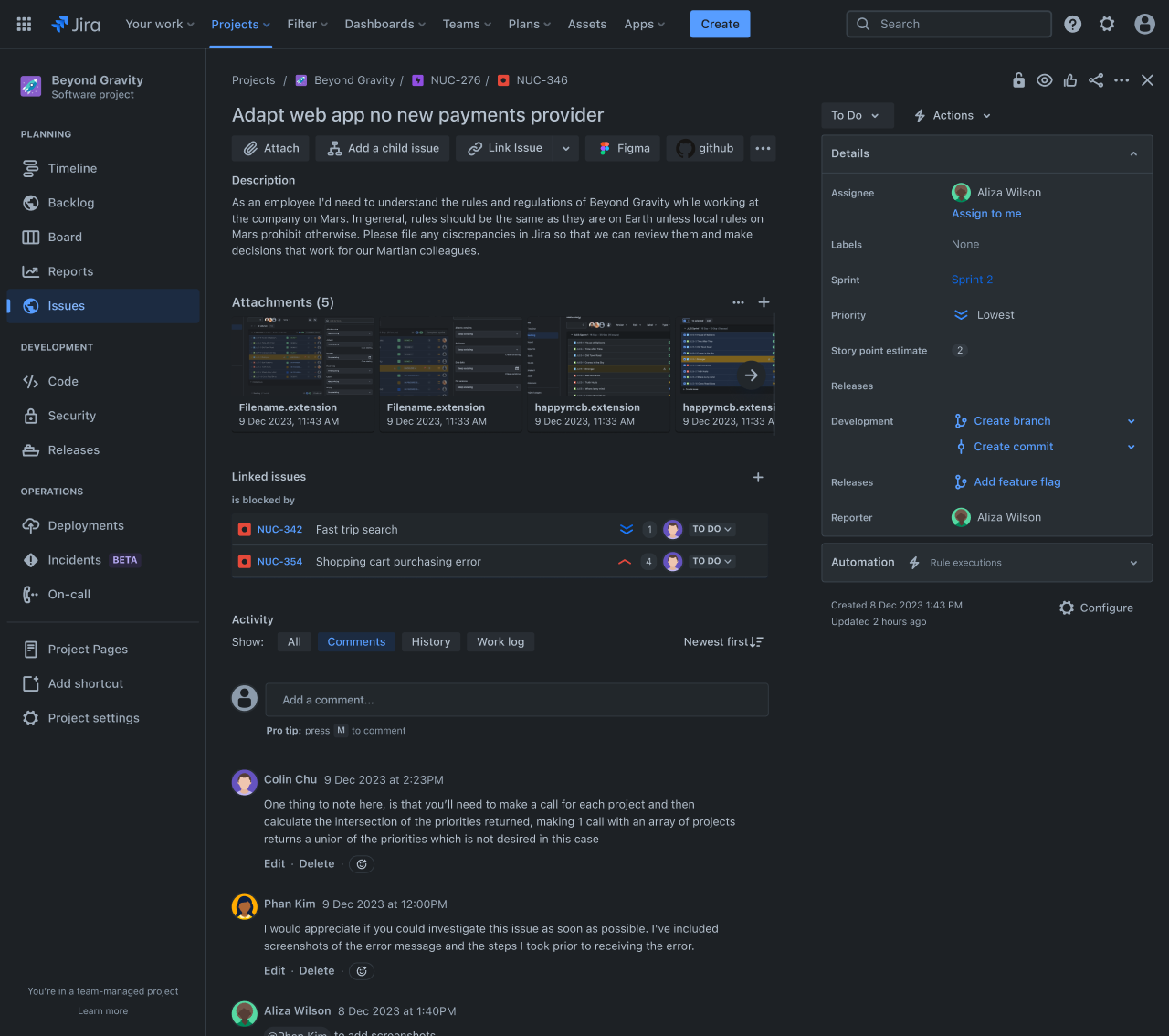 Issues provide a snapshot of task information and status updates so the entire team can stay up to date.