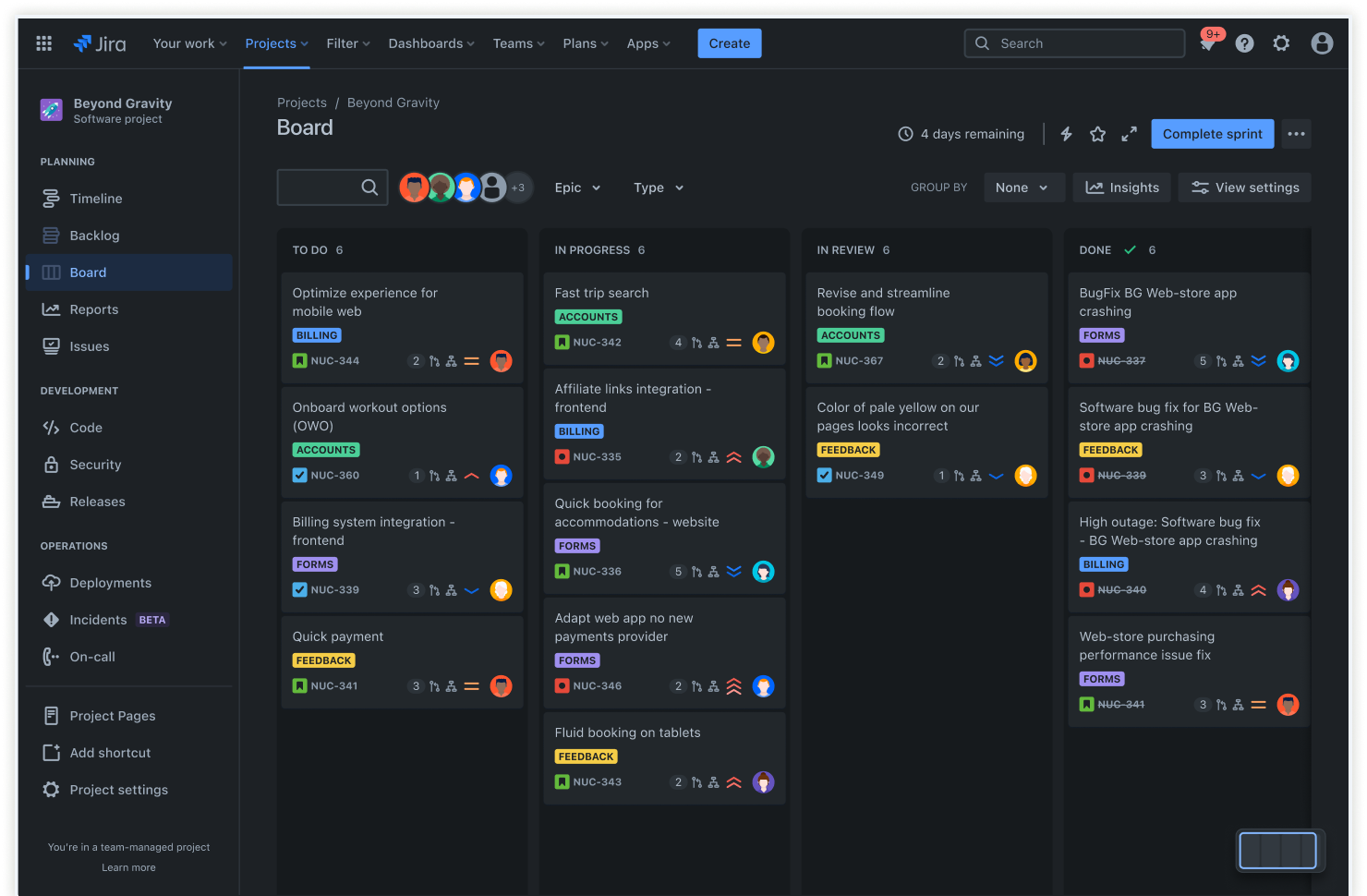 Scrum board in darkmode screenshot.