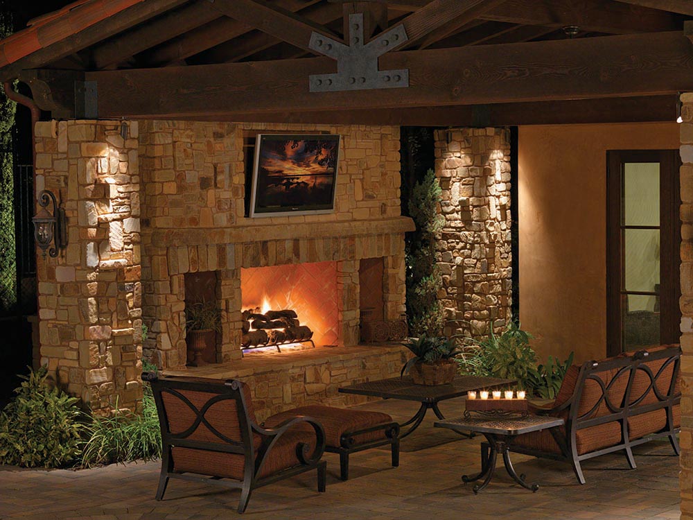 Outdoor fireplace, covered patio