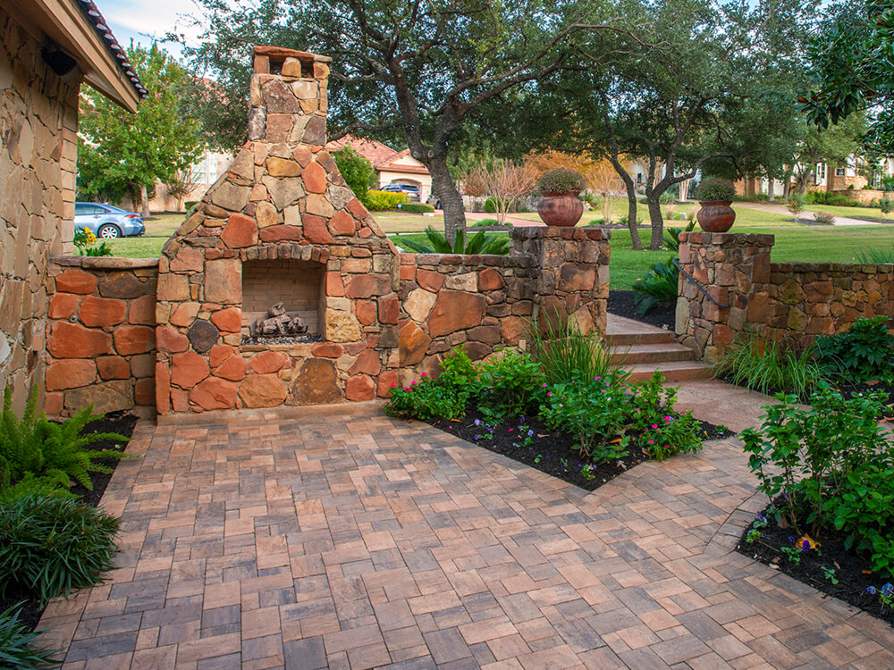 Outdoor fireplace, stone pavers