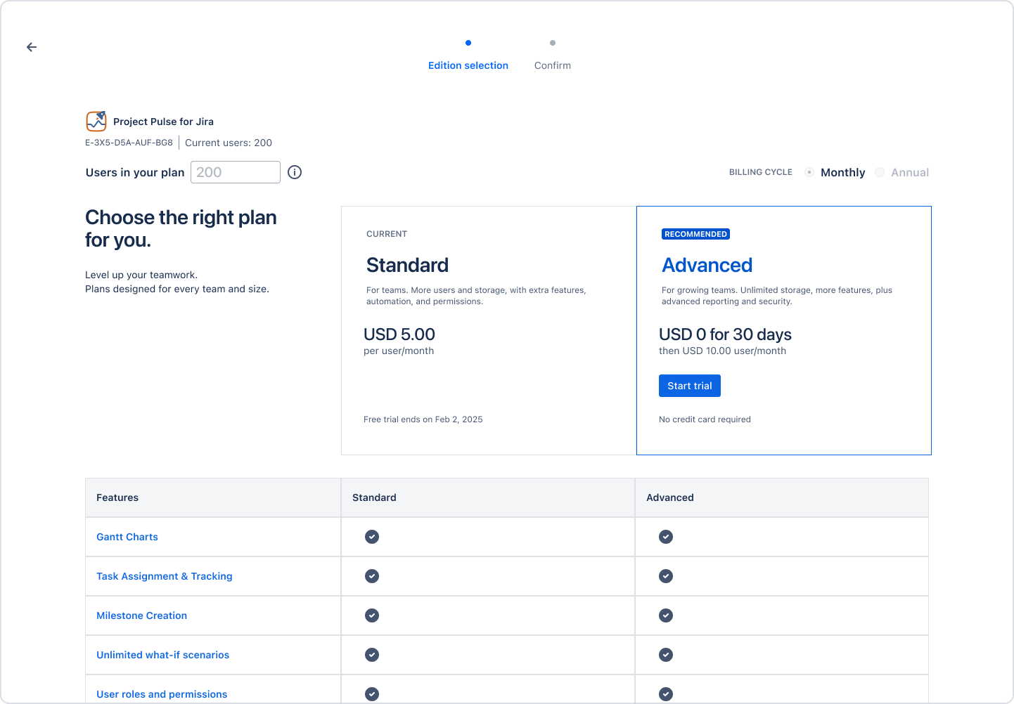 Screen allowing you to select between Standard and Advanced edition
