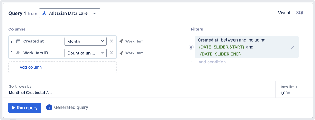 Using a Date slider control to filter the Created At column in a visual mode query.
