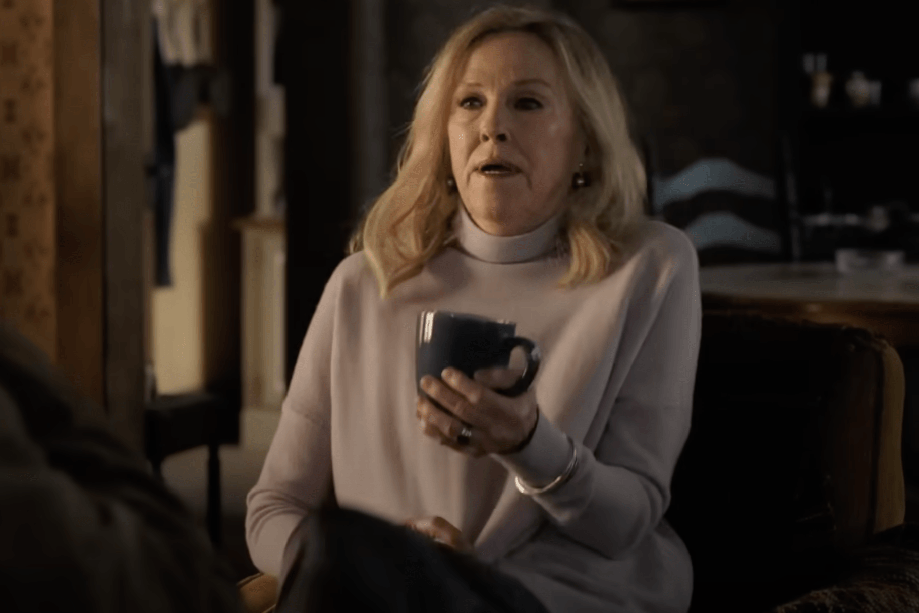 Catherine O'Hara in The Last of Us season 2 Catherine O'Hara in The Last of Us season 2 holding a mug