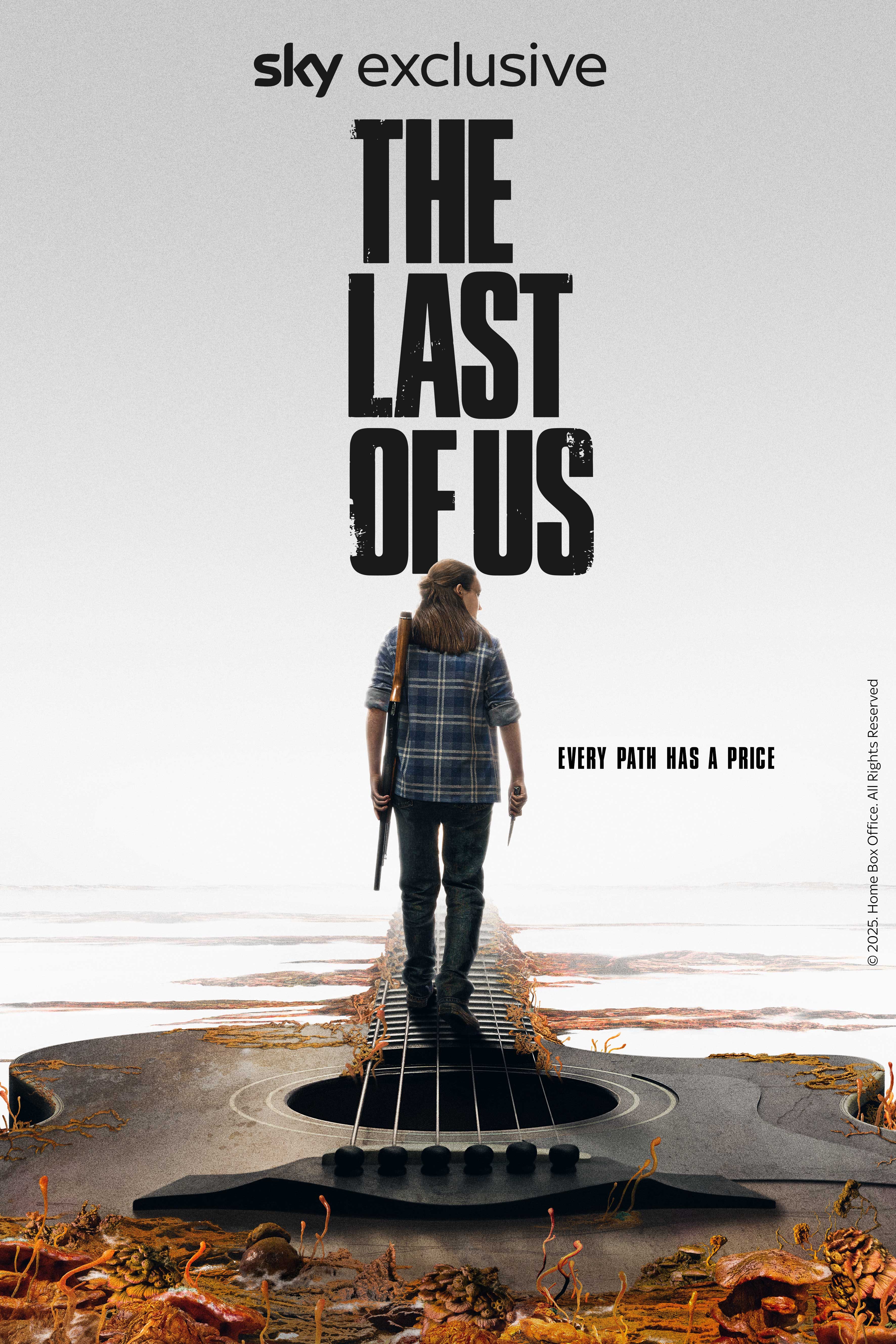 Bella Ramsey as Ellie in The Last of Us season 2 poster Bella Ramsey as Ellie in The Last of Us season 2 poster, walking along a path with a giant guitar on the ground.