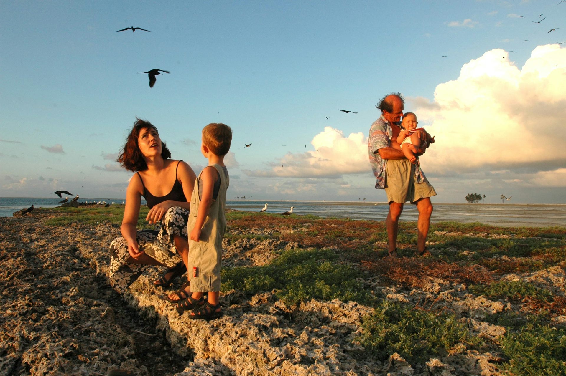 A mom, a dad and two young kids traverse rocky terrain as birds fly over them.