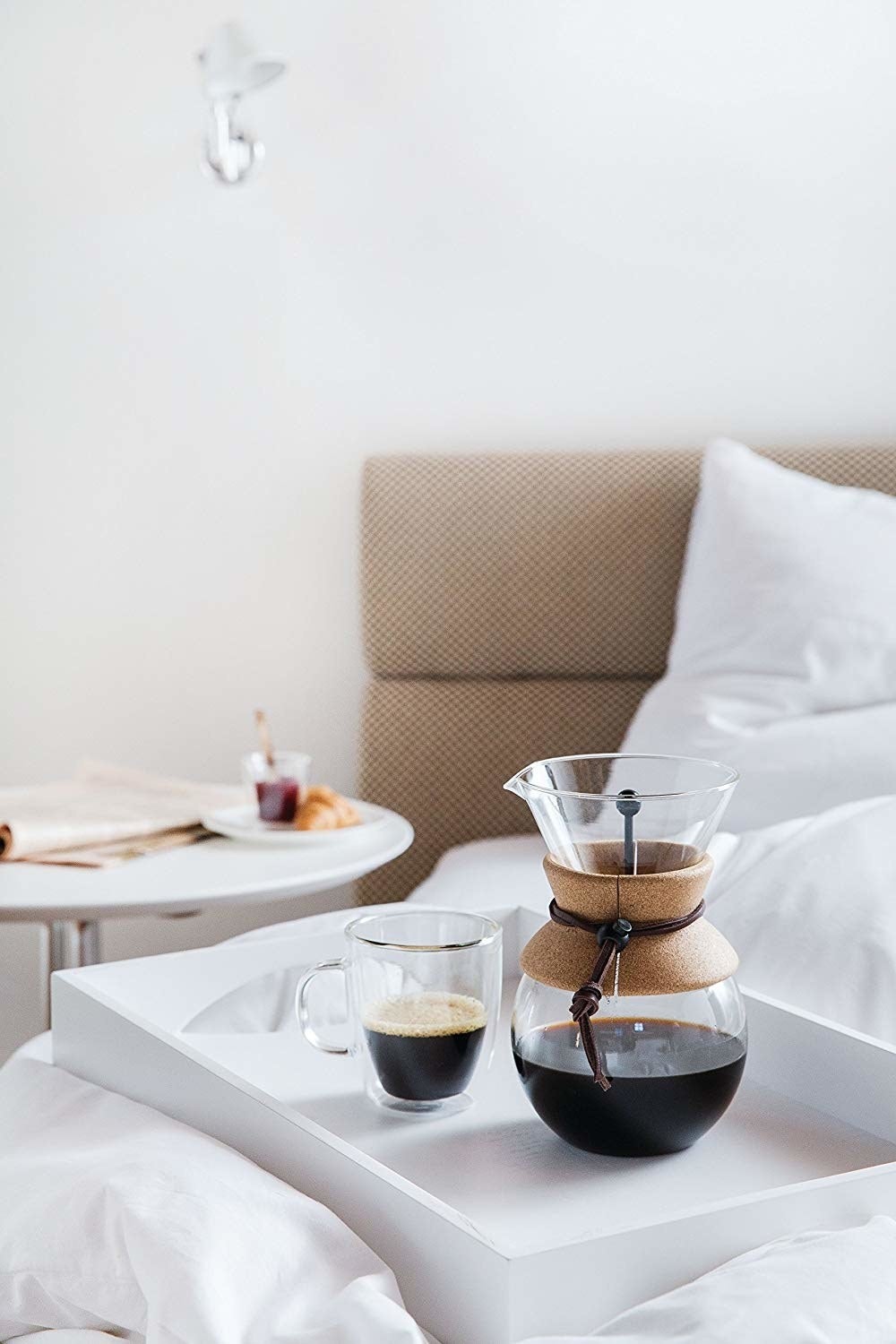 the pour over coffee maker on a tray