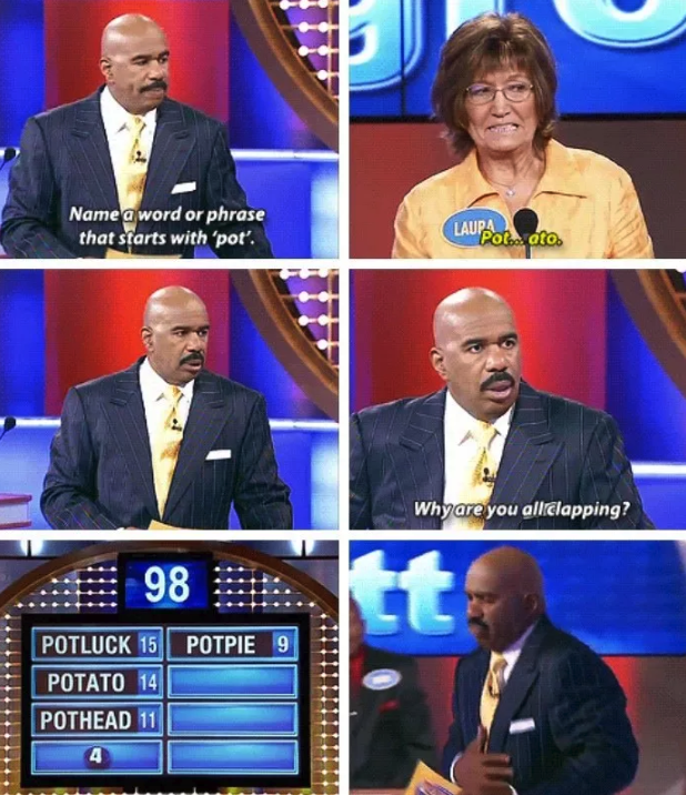 Game show host reacts humorously to contestant saying "potato" for "words starting with 'pot'." Audience claps as answers reveal different 'pot' words