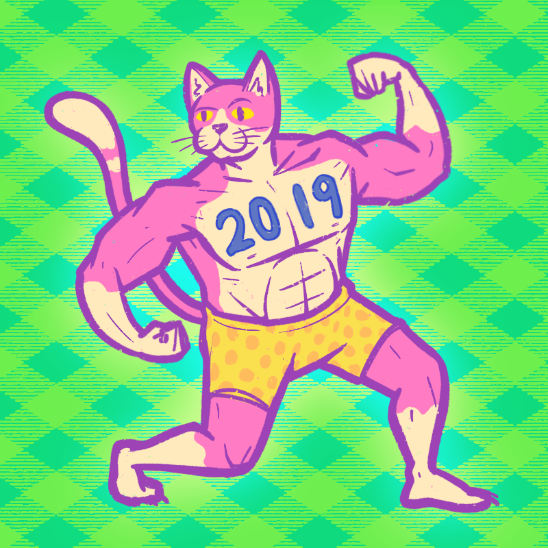 A body builder cat flexing with 2019 written across its pecs
