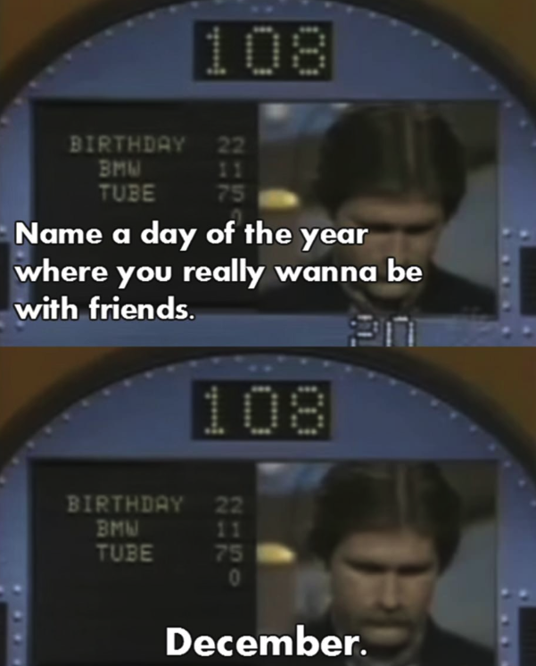 Family Feud clip: Contestant answers "December" to prompt "Name a day when you want to be with friends."