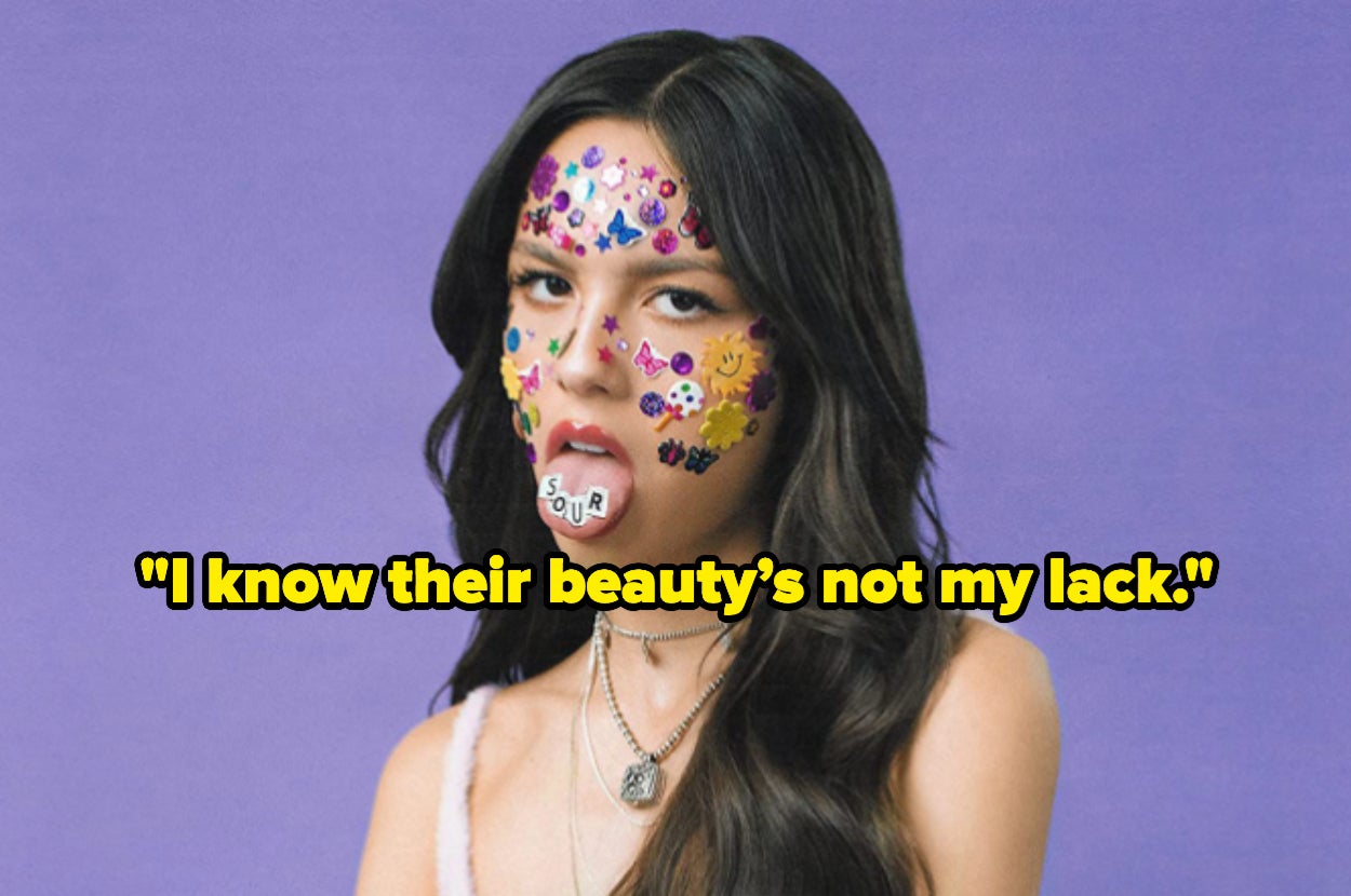 Olivia Rodrigo sticking her tongue out, and the words, "I know their beauty's not my lack."