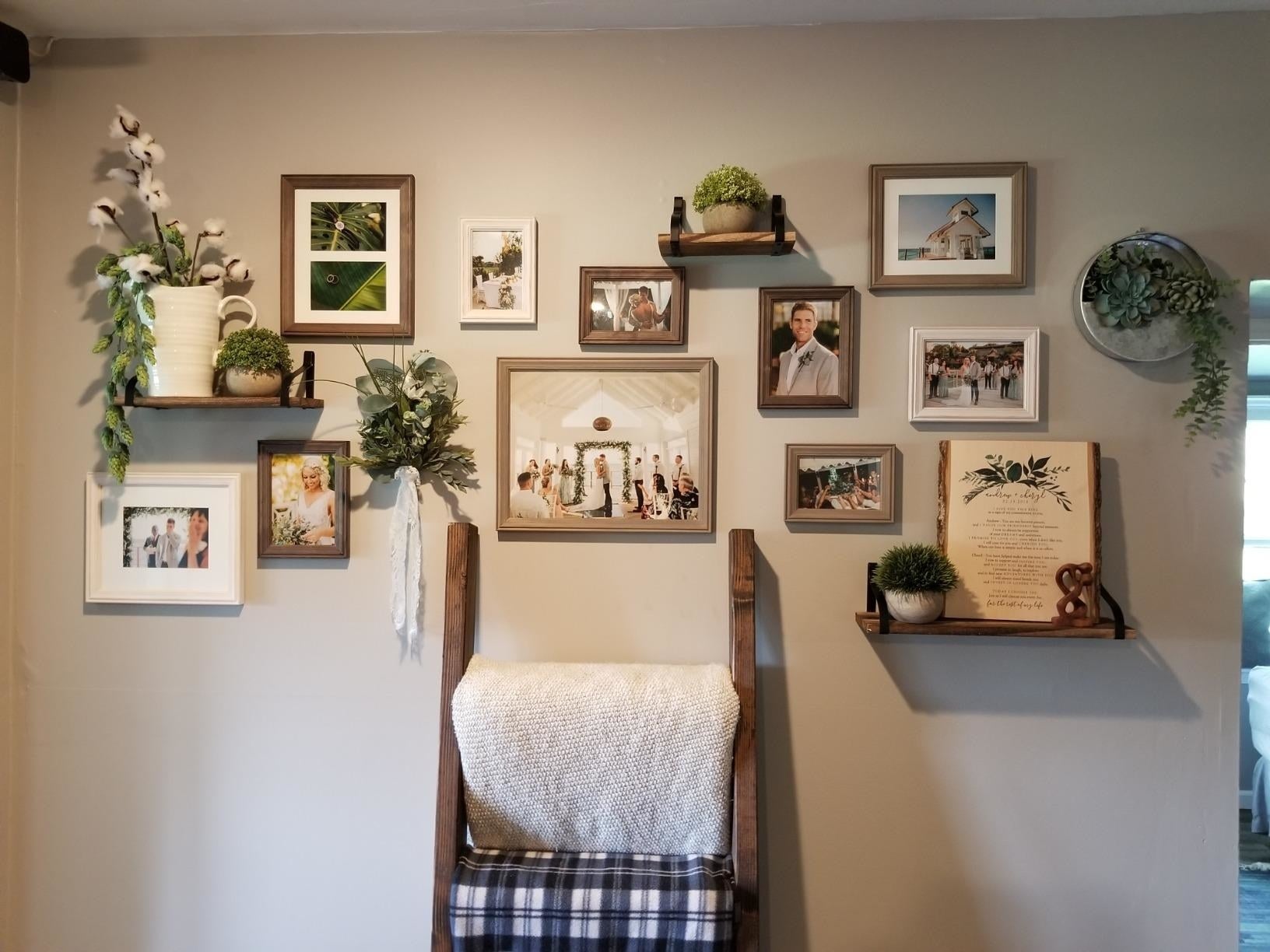 reviewer image of the multi/gray gallery set hanging from their wall along with small display shelves