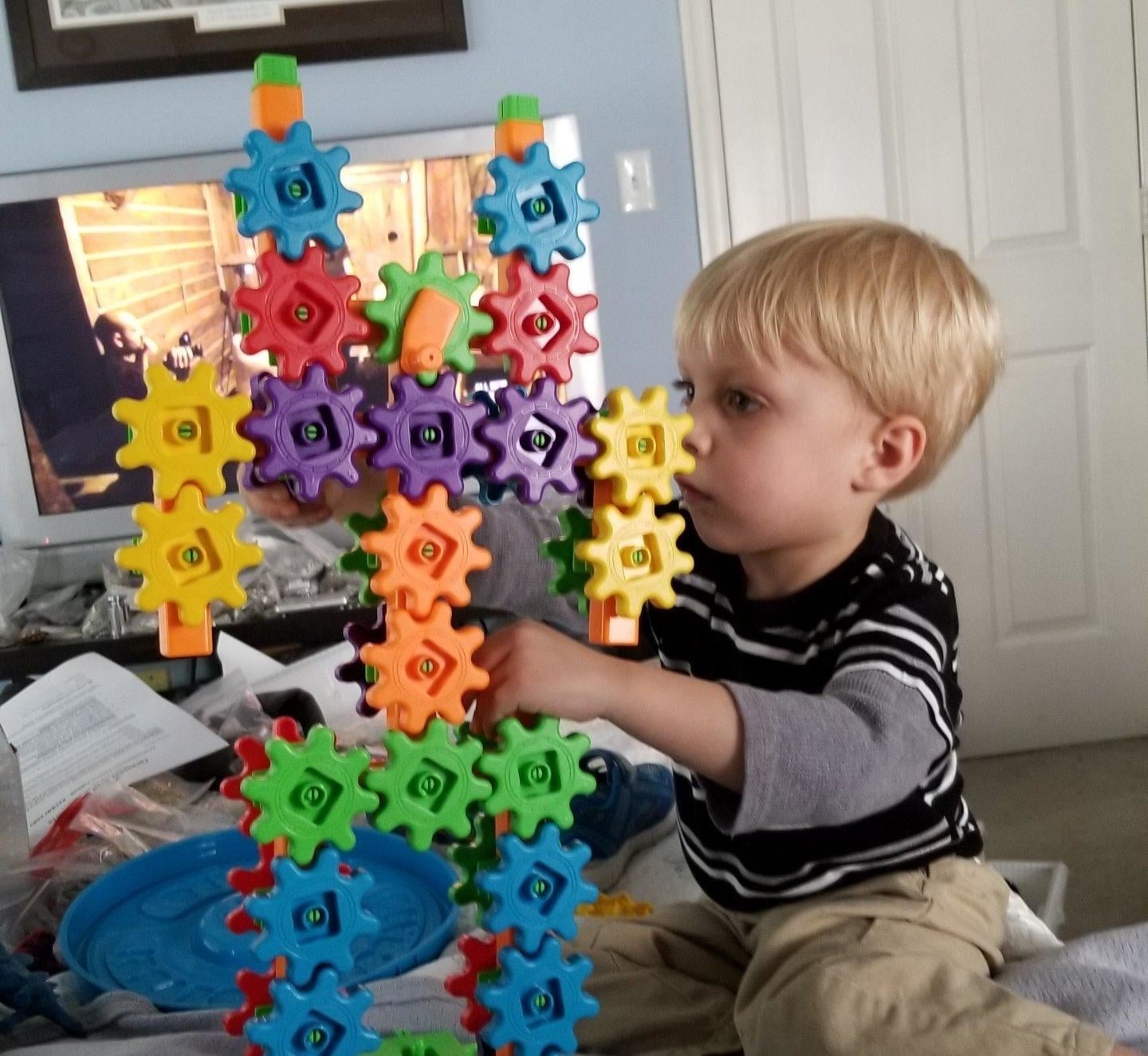 reviewer's photo of a tower fashioned out of gears