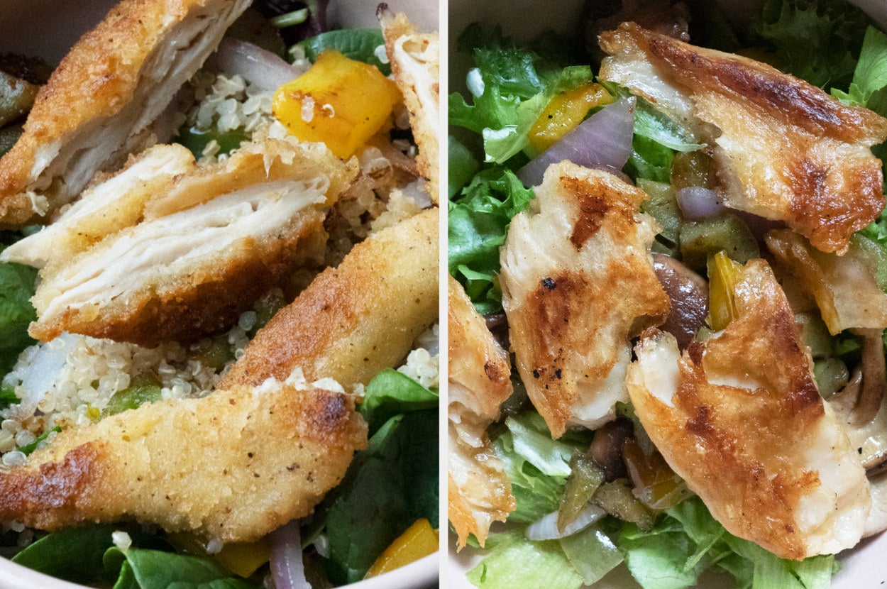 split image of vegan chicken meals