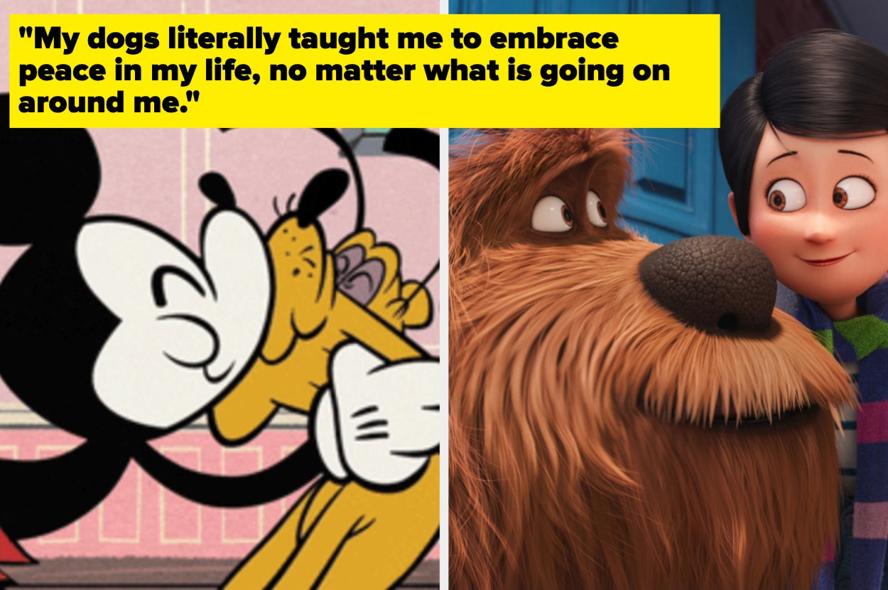 split images both from disney on the right is mickey mouse kissing their dog and on the right a dog from the movie titled the secret life of pets looking into their owners eyes