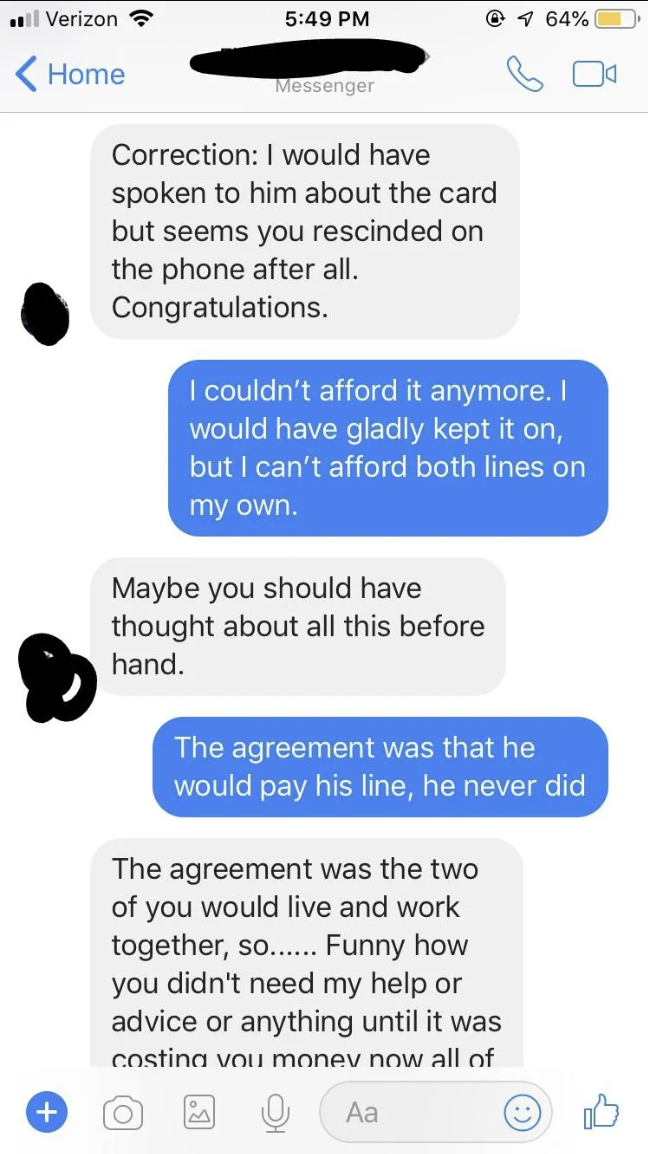 mother in law saying that she would have paid for the phone card and the daughter in law saying she couldn't afford to pay for both of the lines
