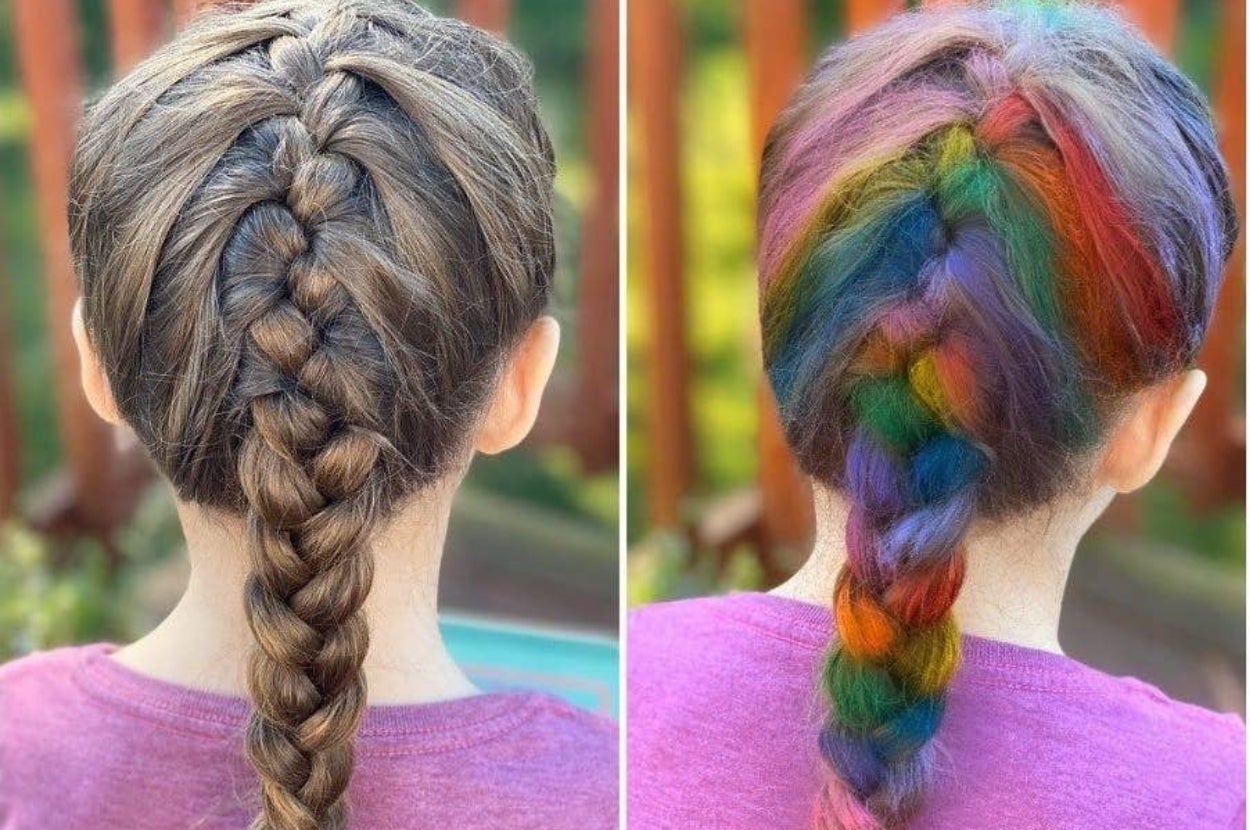 before and after of a child's hair with hair chalk