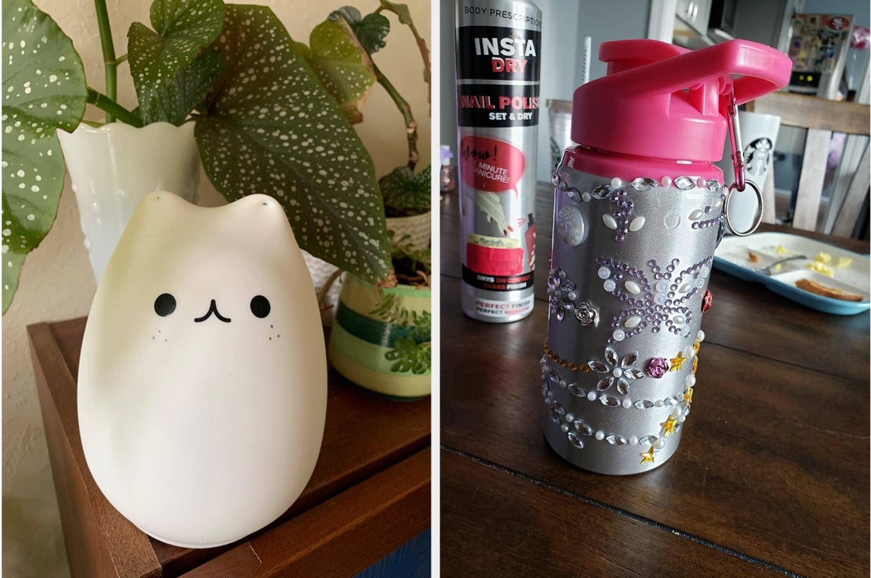 cat lamp, bejeweled water bottle