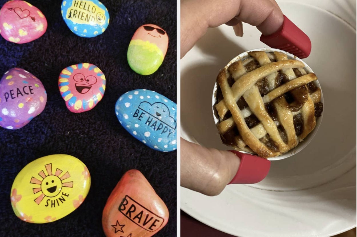 on left: painted rocks that say "Brave," and "Be Happy", on right: reviewer holding mini pie made with tiny baking set