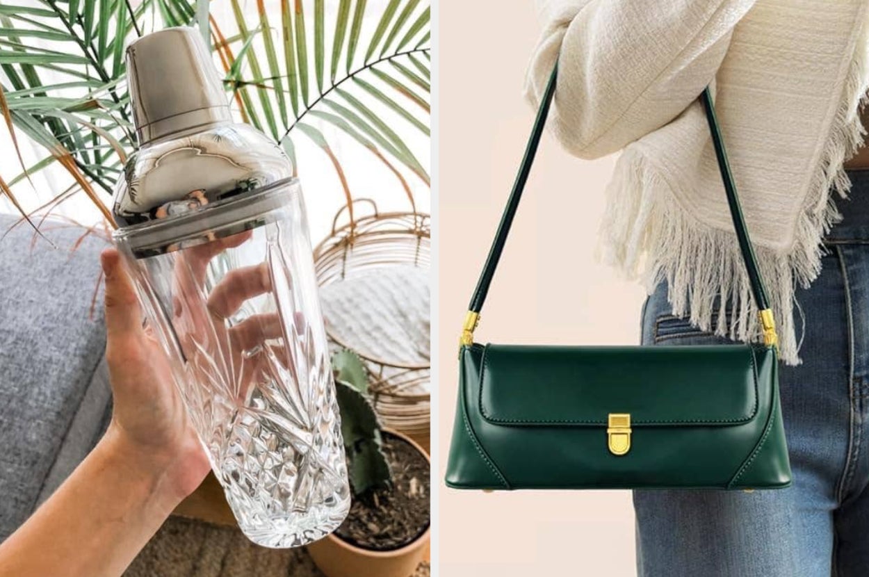 A hand holding a glass cocktail shaker and a person with a green shoulder bag