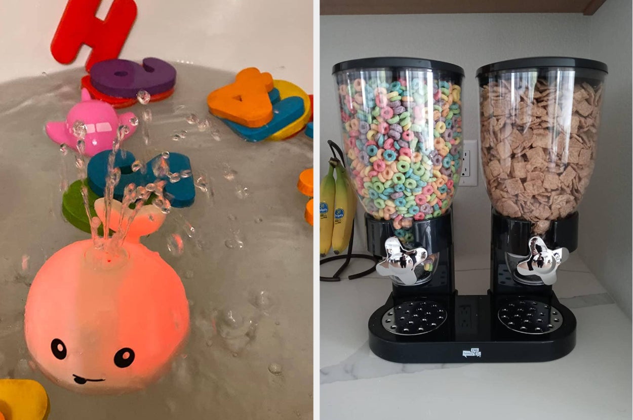 Dual cereal dispensers with clear containers, each filled with a different cereal, mounted on a stand