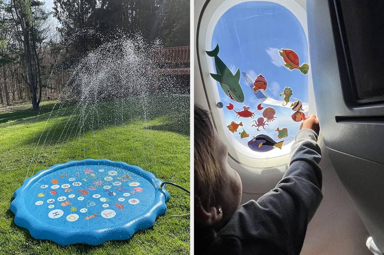 Child interacts with educational play mat in a garden and another applies aquatic-themed decals to a window