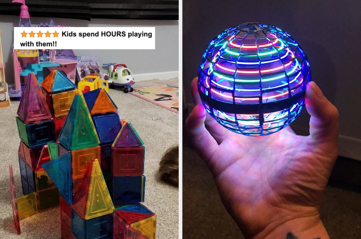 A hand holding a glowing magnetic ball toy; magnetic tiles arranged on the floor. Text: Kids spend HOURS playing with them!