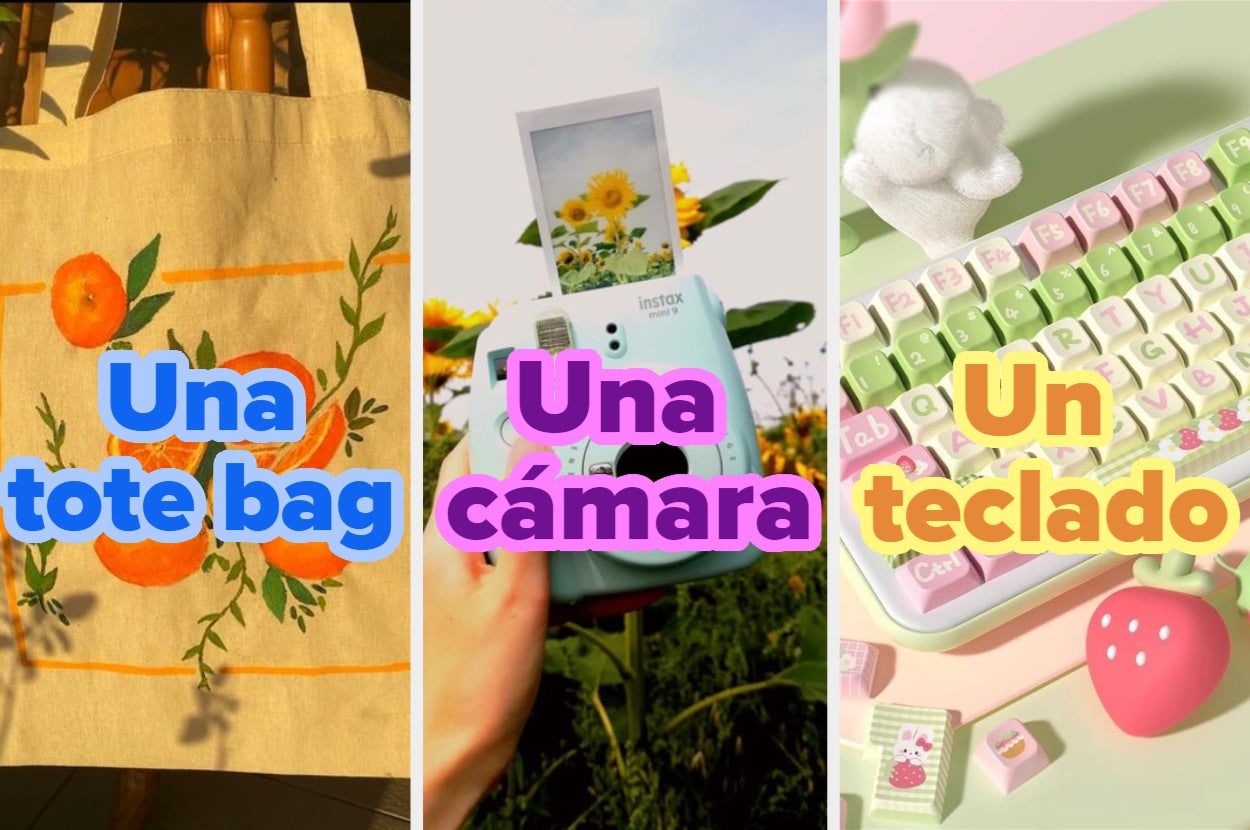 Tres imágenes de productos populares en Internet: una tote bag con diseño floral, una cámara instantánea y un teclado decorativo con teclas color pastel