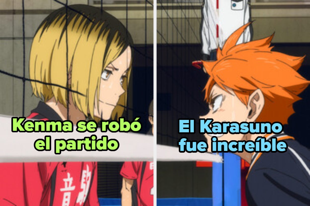 Kenma y Hinata se enfrentan a ambos lados de la red durante un partido de voleibol. Texto en la imagen: "Kenma se robó el partido" y "El Karasuno fue increíble"