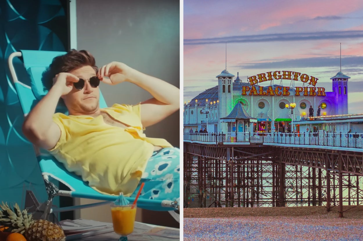Left: Naill Horan lounging with sunglasses and casual attire. Right: A pier with "Brighton Palace Pier" sign illuminated at dusk
