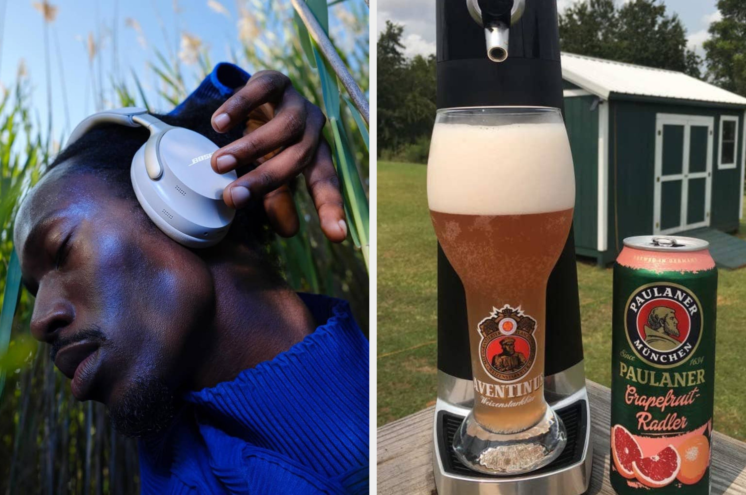 A person wearing Bose headphones. Next to it, a close-up of a Paulaner Grapefruit Radler can and a glass of beer on a table outside