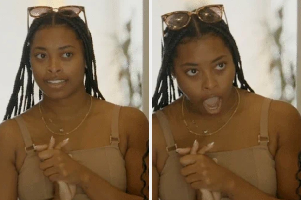 Two images of a person with long braids and sunglasses on her head. In the first image, she smiles slightly; in the second image, she has a surprised expression