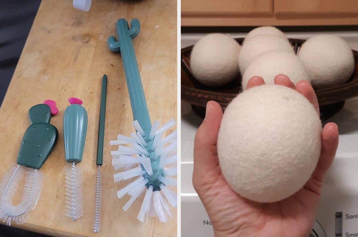 Two images: kitchen cleaning brushes shaped like cacti, and a hand holding a wool dryer ball with other dryer balls in the background