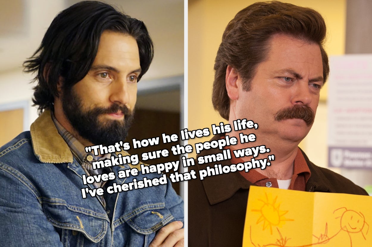 Milo Ventimiglia and Nick Offerman in a side-by-side image. Text: "That's how he lives his life, making sure the people he loves are happy in small ways. I've cherished that philosophy."