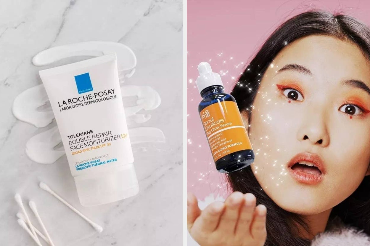 La Roche-Posay Toleriane Double Repair Face Moisturizer next to model demonstrating the use of a serum by applying it on her face