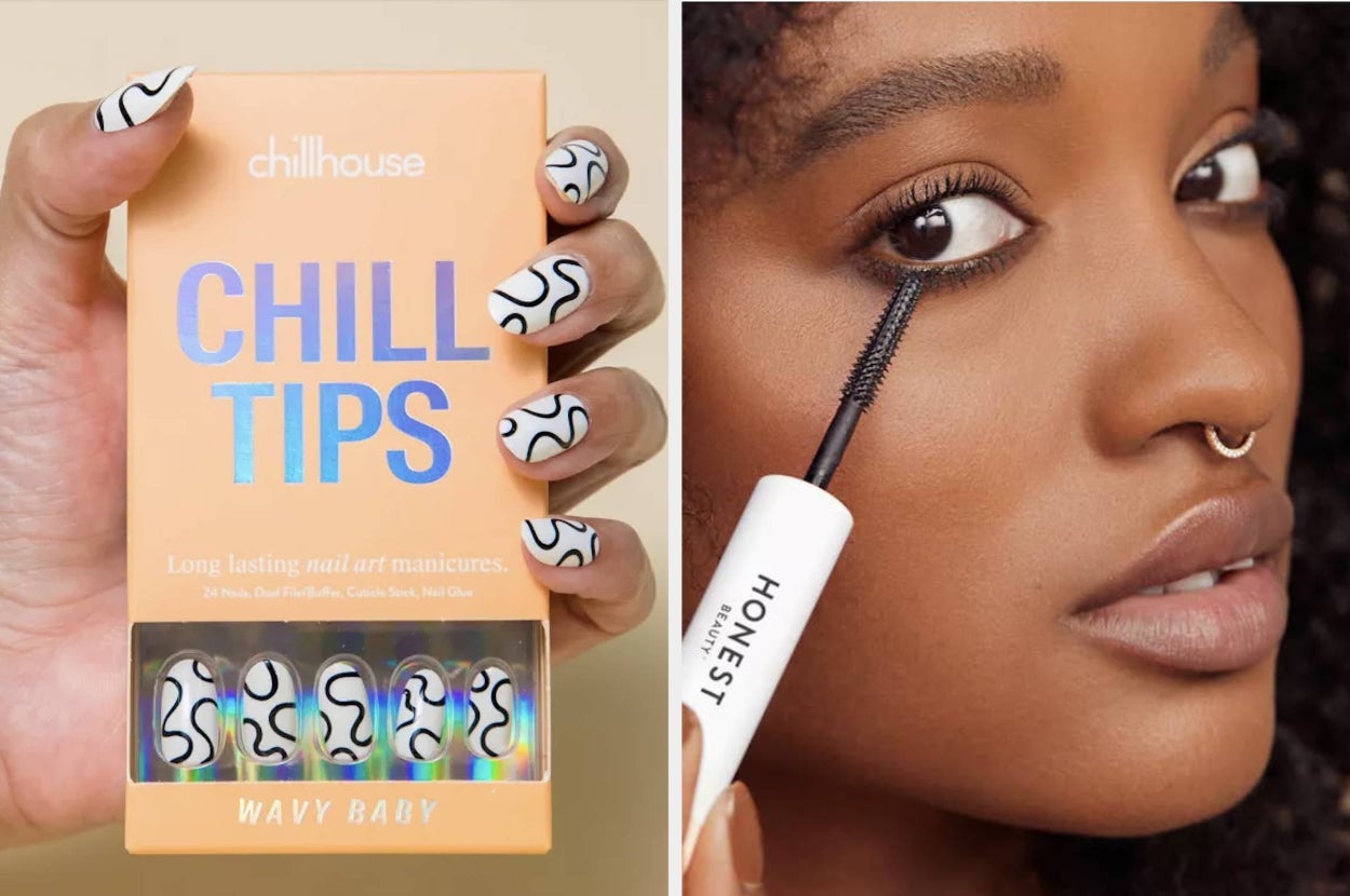 A model's manicured nails hold a box of Chillhouse nail tips. Another image shows a model applying Honest Beauty mascara