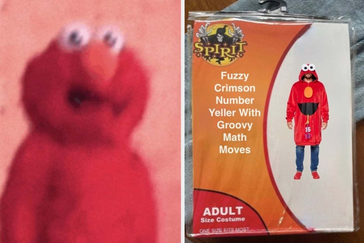 Blurred Elmo toy next to a costume package titled "Fuzzy Crimson Yeller With Groovy Math Moves" featuring a person in an Elmo-inspired outfit