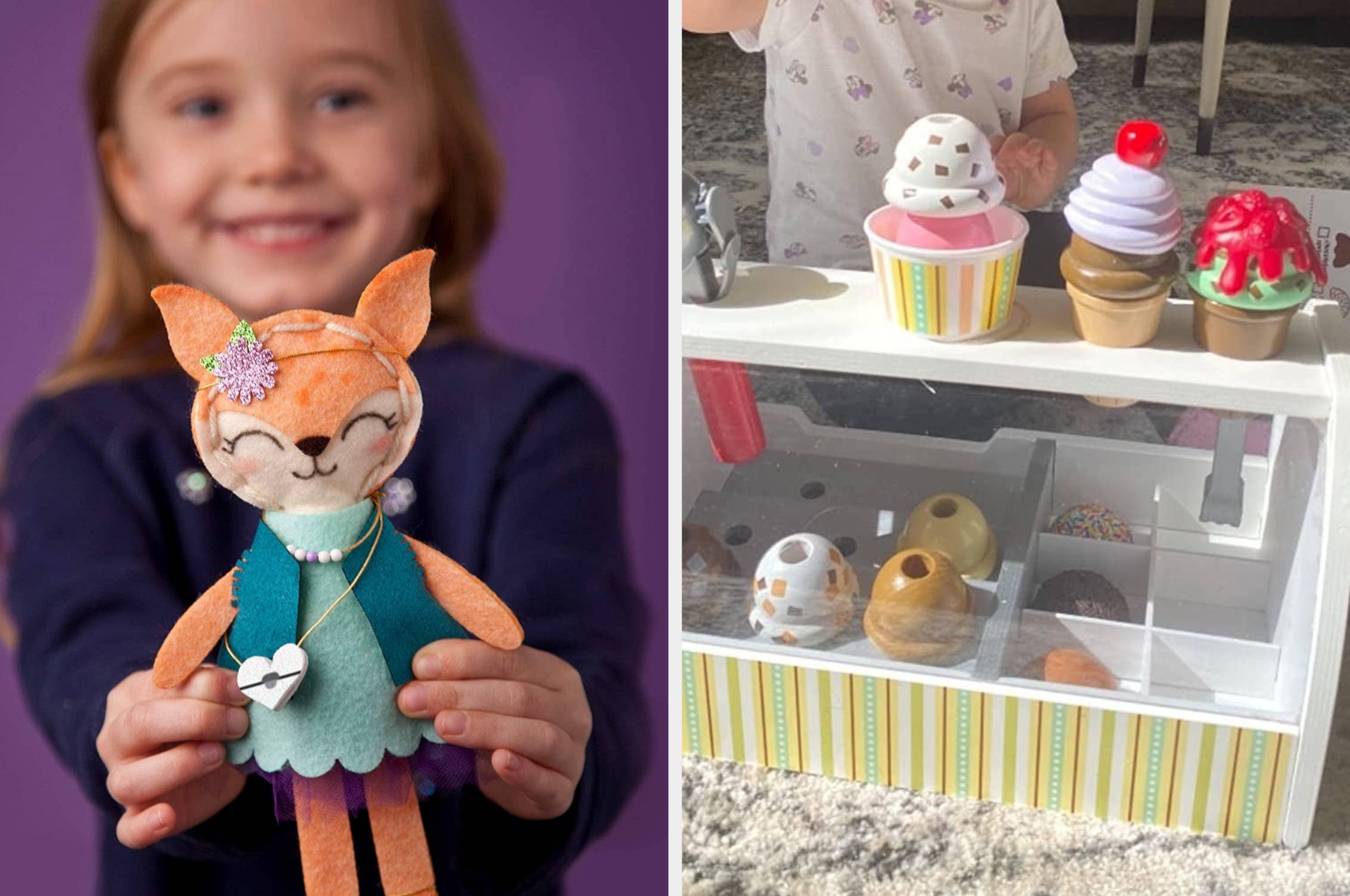 Child holds a plush fox toy; adjacent is a children's toy ice cream counter with pretend cones and scoops