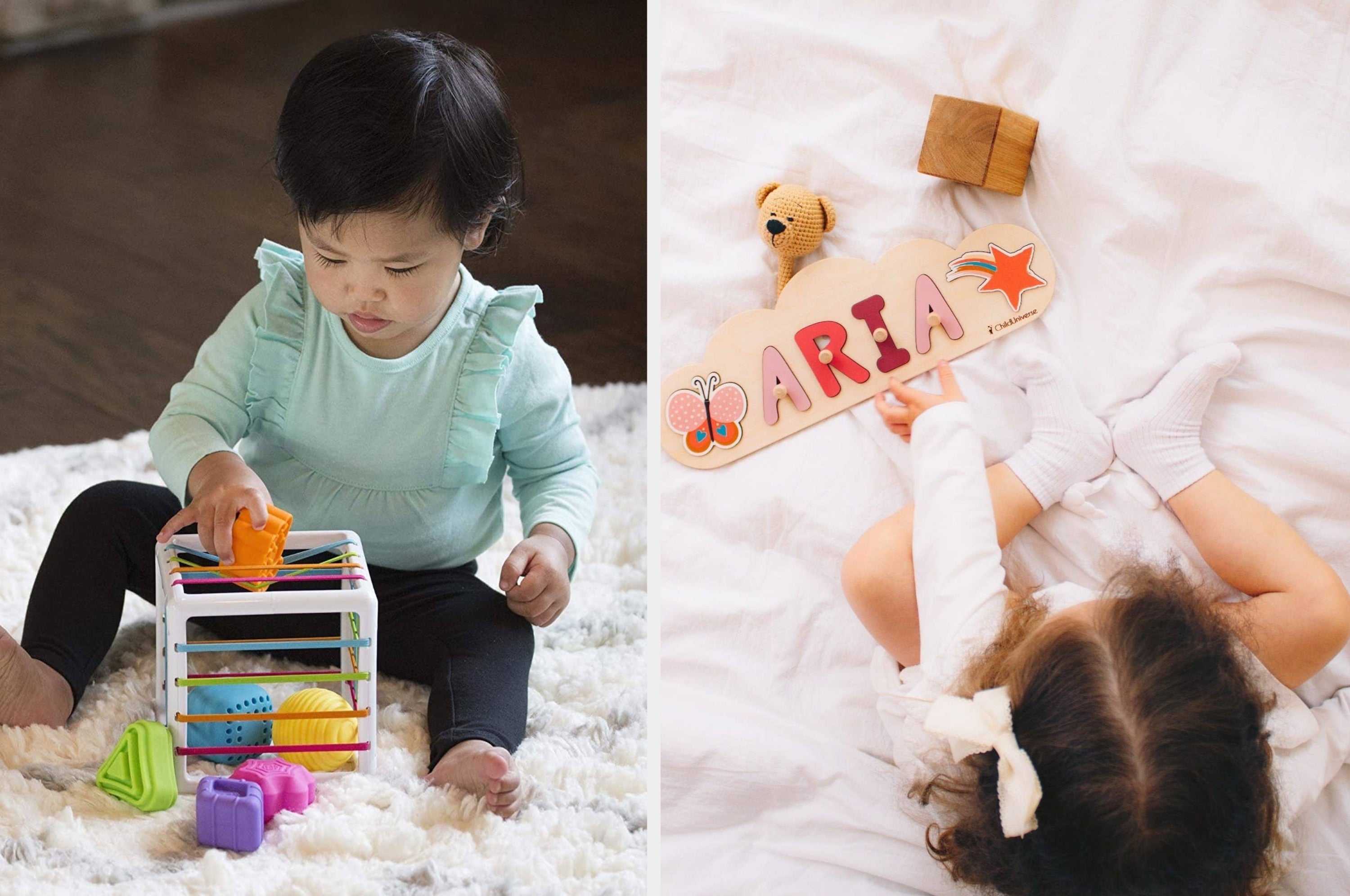 Child playing with colorful toys, including a shape sorter. Another image shows a child wearing socks, with a personalized wooden name puzzle