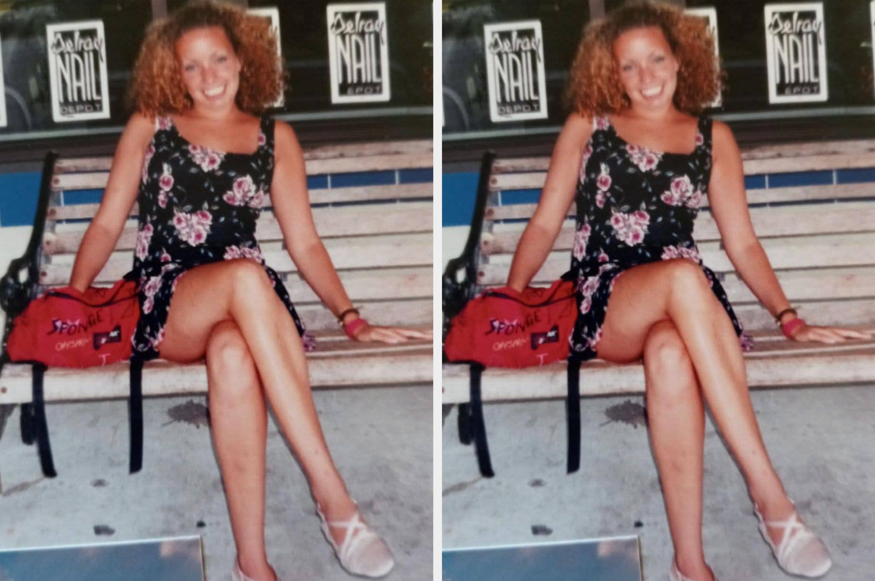 A person with curly hair sits on a bench, smiling. They're wearing a floral dress and light sandals, with a red bag by their side