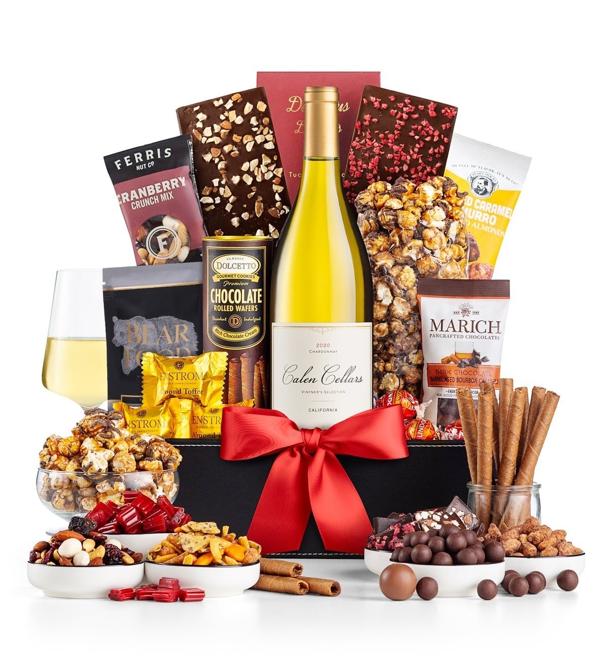 Gift basket with wine, assorted chocolates, popcorn, pretzels, and wrapped candies, showcased for a shopping article