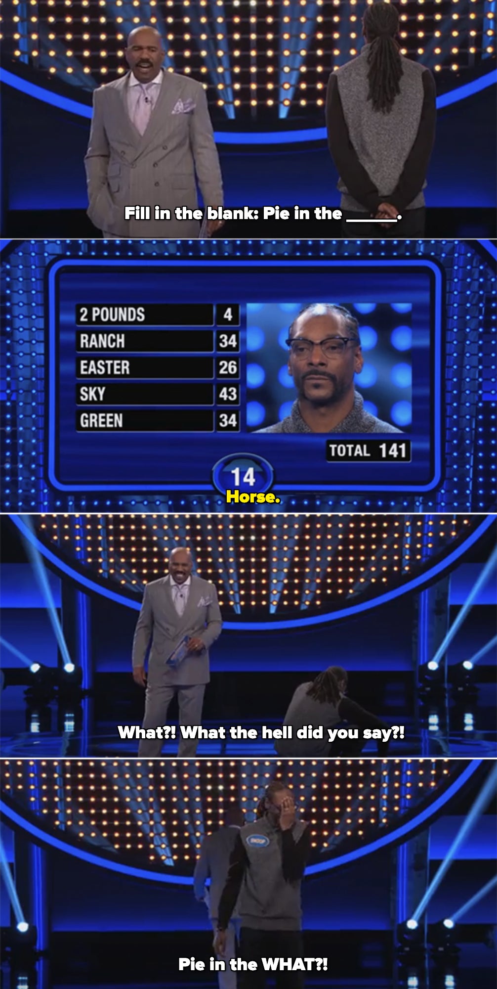 Game show scene with Steve Harvey asking Snoop Dogg questions on stage