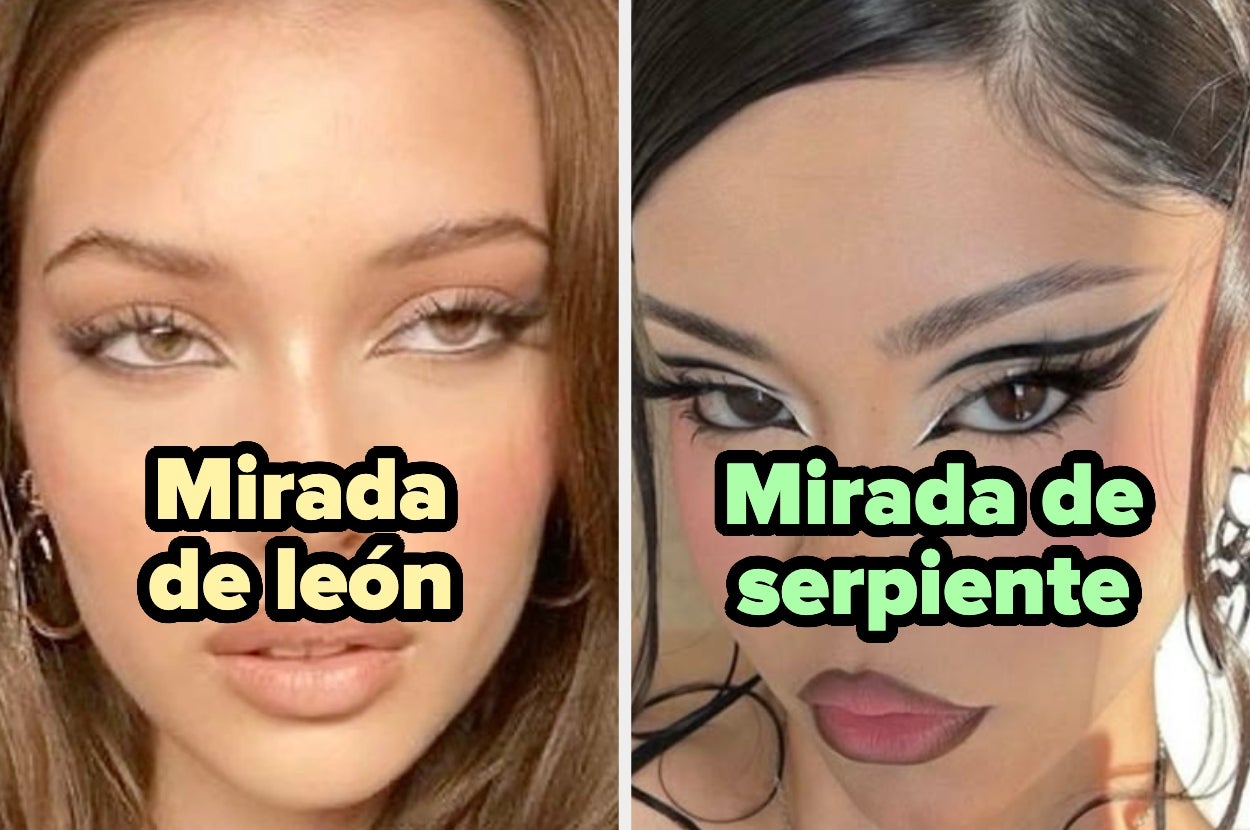 Dos fotos de personas, una con texto "Mirada de león" y otra "Mirada de serpiente", mostrando estilos de maquillaje en los ojos
