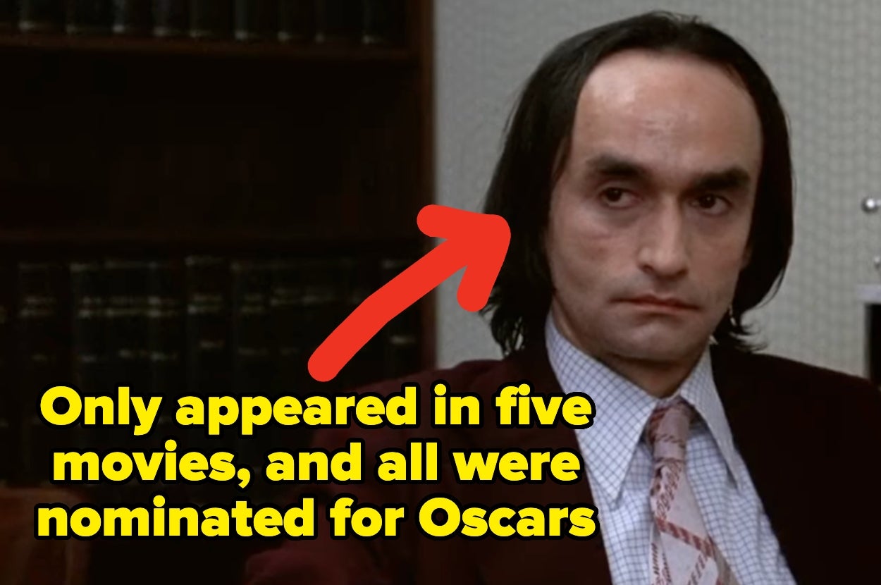 Man with receding hairline and suit in office setting. Text: "Only appeared in five movies, and all were nominated for Oscars." Arrow points to him