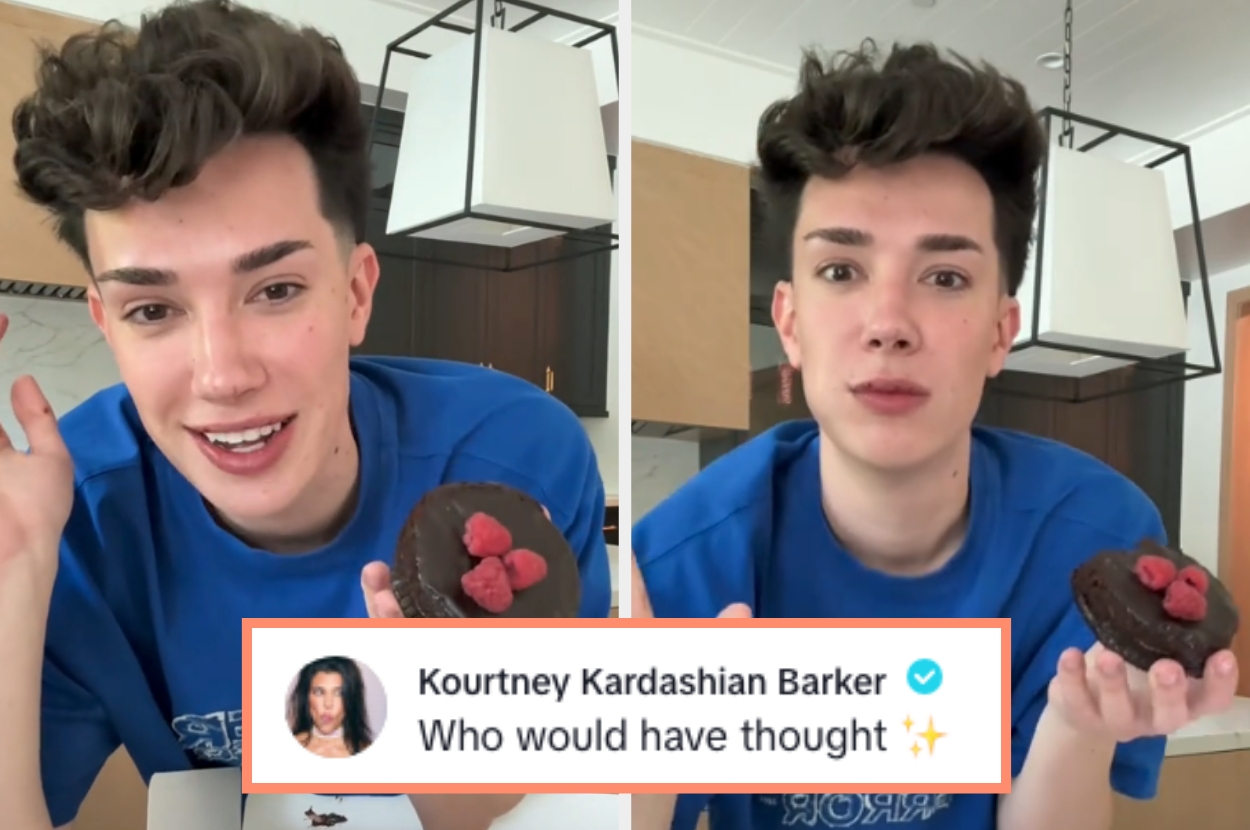 James Charles holding a chocolate dessert topped with raspberries. A social media comment reads,