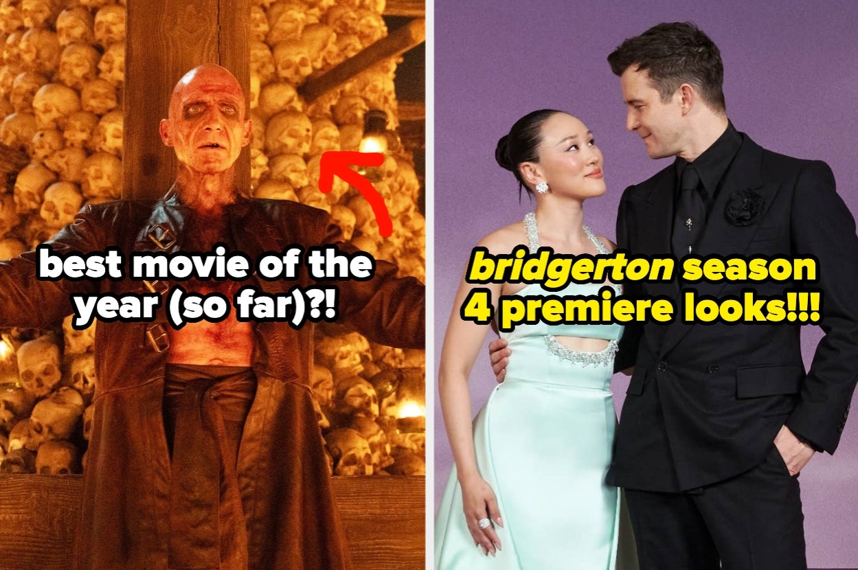 Split image of Ralph Fiennes in 28 Years Later the Bone Temple, and Luke Thompson and Yerin Ha at the Bridgerton Season 4 premiere