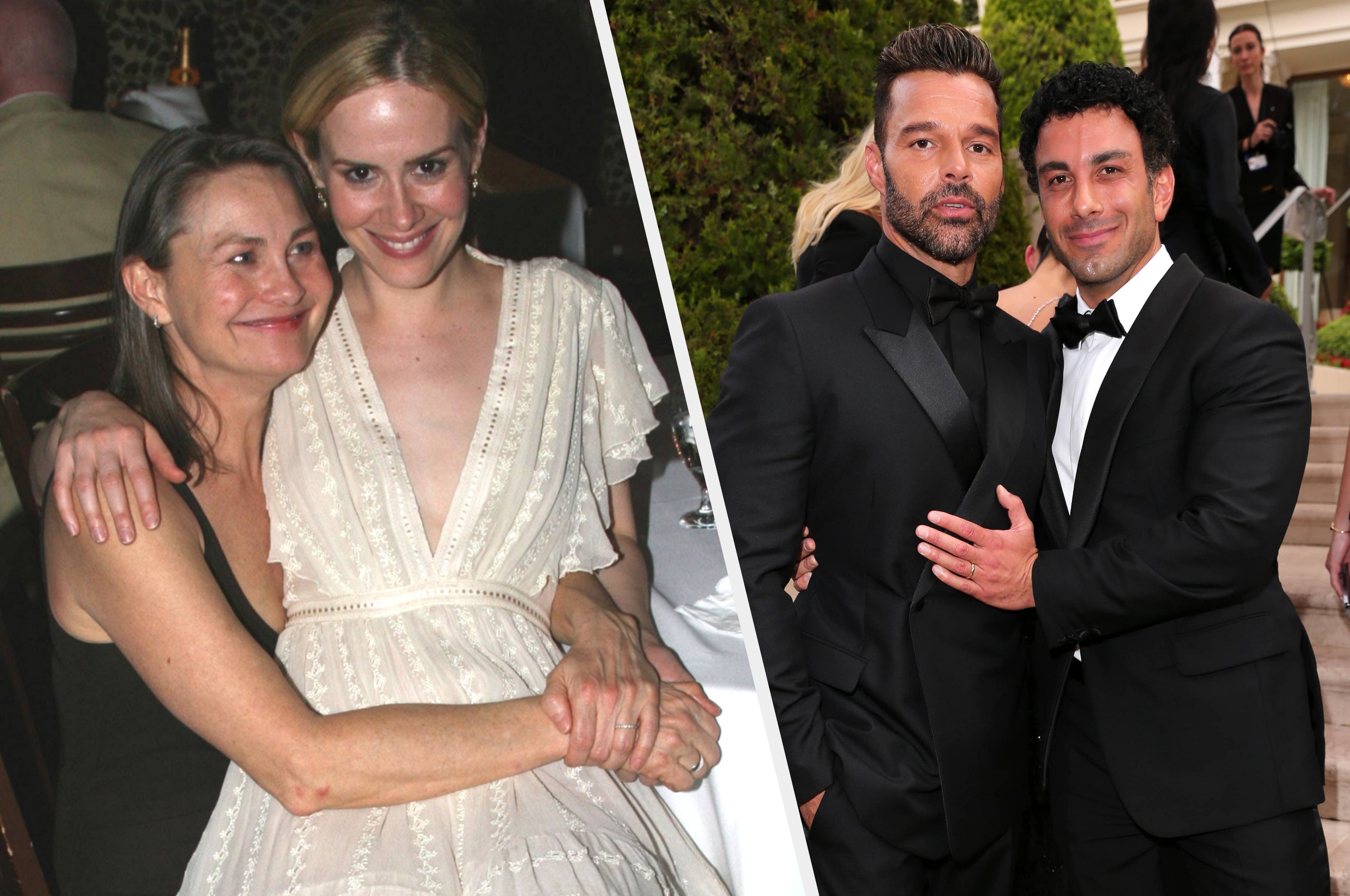 Two images: On the left, two women smiling and embracing. On the right, two men in tuxedos posing together at an event