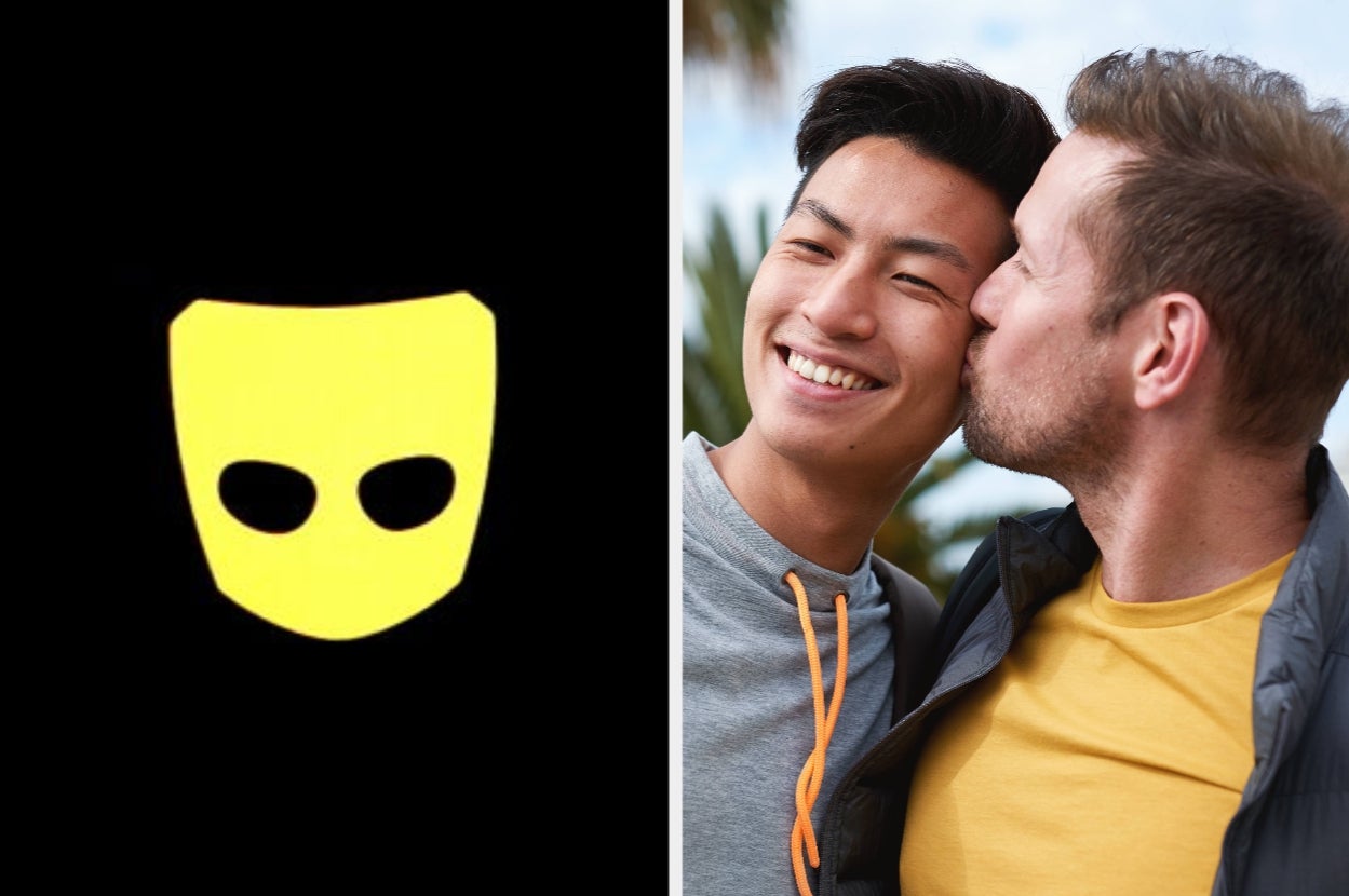 Logo of a social app next to a photo of two men, one kissing the other on the cheek while outdoors