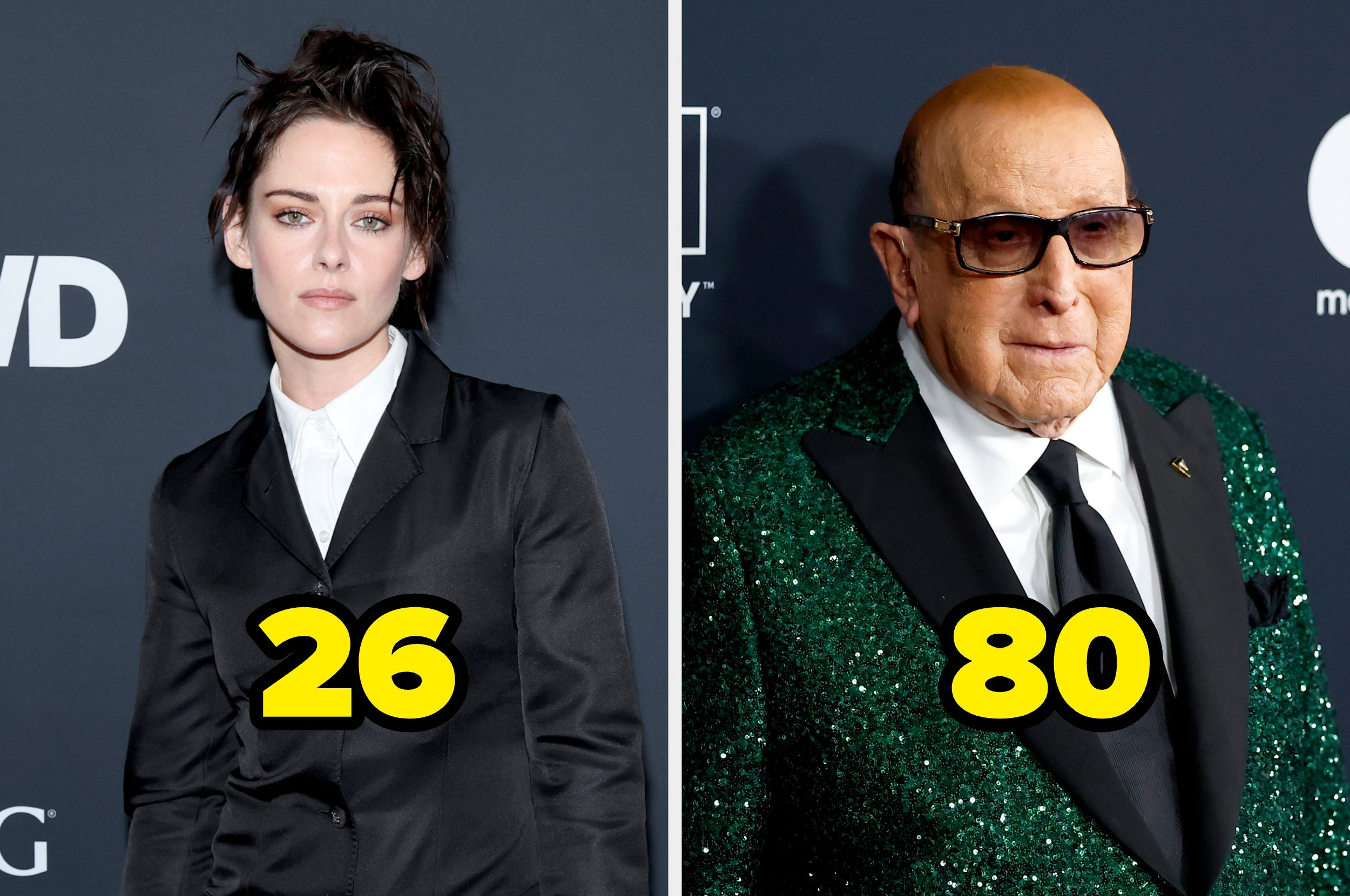 Person in a tailored suit stands next to another in a sparkling blazer. The numbers "26" and "80" are displayed prominently over them