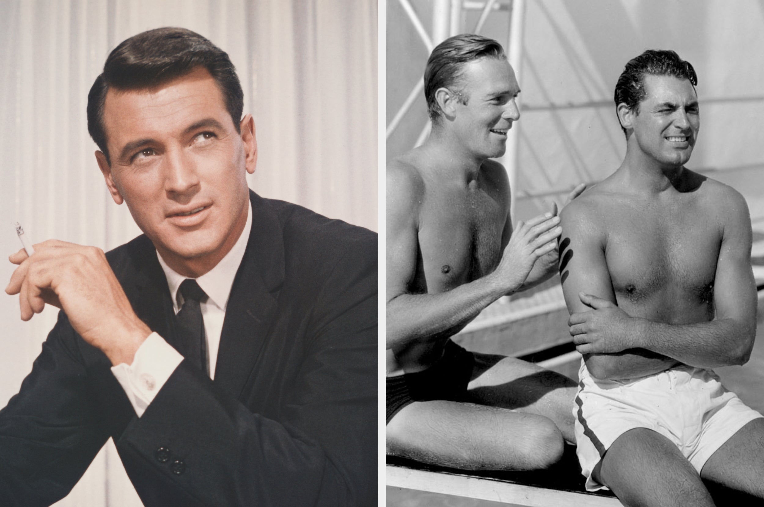 Left: Person in a suit looking to the side, holding a cigarette. Right: Two individuals in swim shorts, sitting and talking by a pool